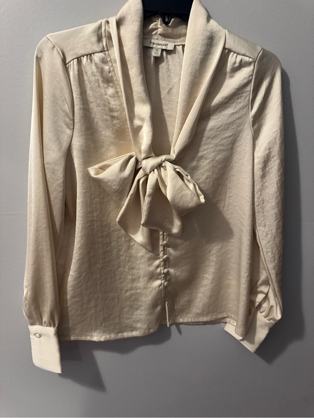 Francesca's Collections Cream Satin Tie-Neck Blouse